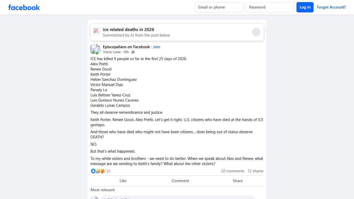 Episcopalians on Facebook ICE has killed 9 people so far in the first 25 days of 2026 Facebook